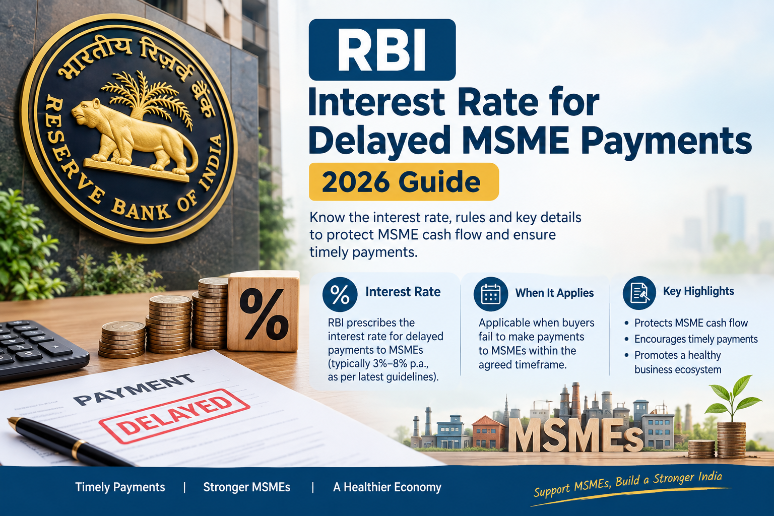 RBI Interest Rate for Delayed MSME Payments 2026 Guide showing the Reserve Bank of India emblem, delayed payment document, interest rate symbol, coins, and MSME businesses with key payment rules and benefits.